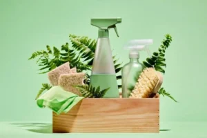 Sustainable home cleaning products featuring reusable spray bottles and natural brushes arranged in wooden crate with green ferns
