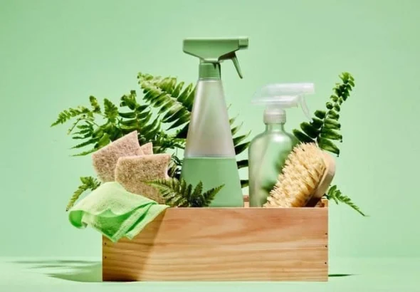 Sustainable home cleaning products featuring reusable spray bottles and natural brushes arranged in wooden crate with green ferns